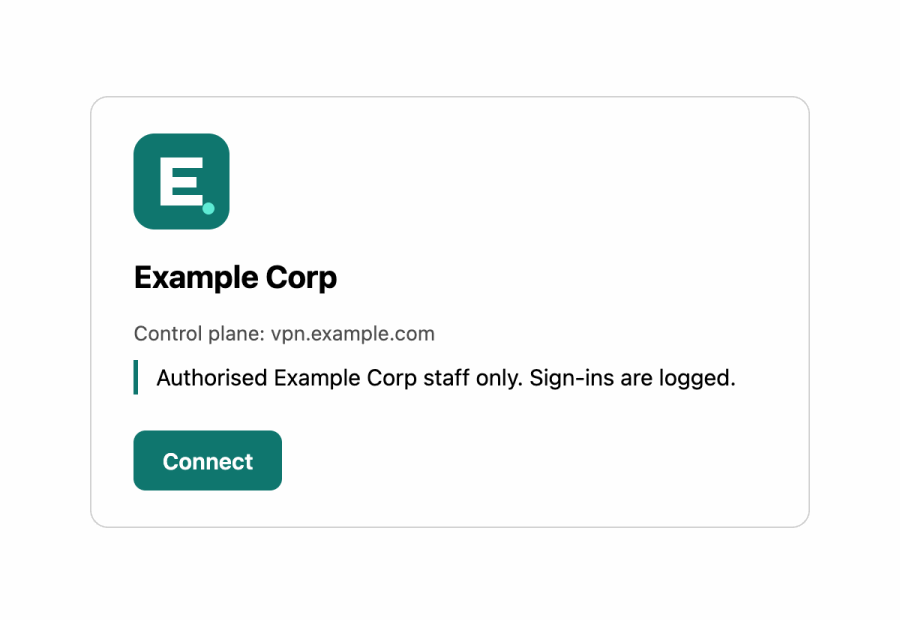 The tray's control-plane picker showing Example Corp's logo, domain, notice and a Connect button.